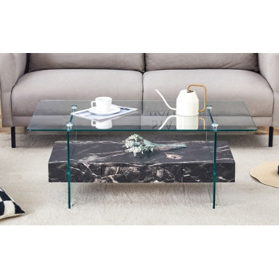 Two-Tier Coffee Table - Clear Tempered Glass And Black Marble Texture