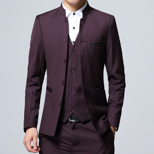 Stand Collar Slim Fit Three-Piece Suit