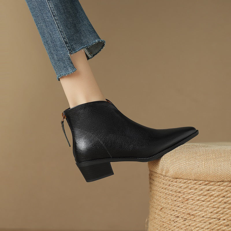 Pointed-Toe Retro Cowhide Ankle Boots