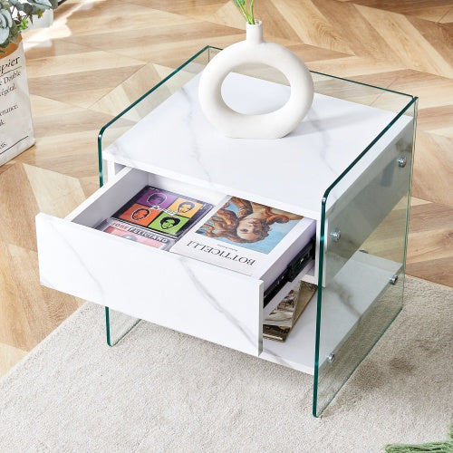 Bedside Table With Drawers. Marble Print MDF Sticker with Transparent Tempered Glass