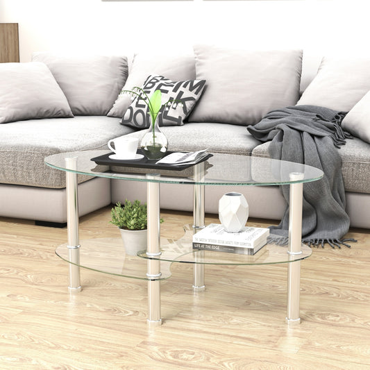3-Layer Transparent Oval Glass Coffee Table with Stainless Steel Leg