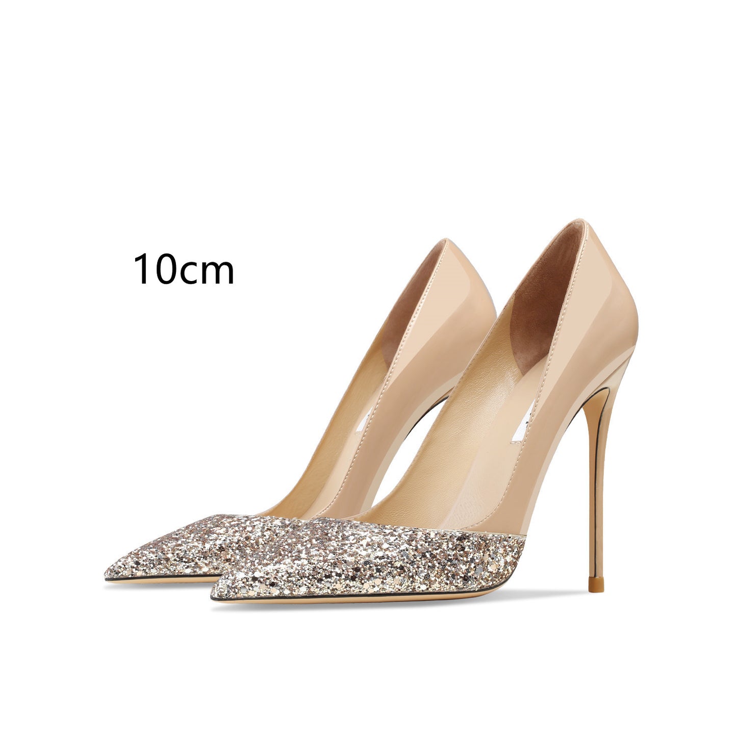 Gold Sequins Leather Stitching High Heels