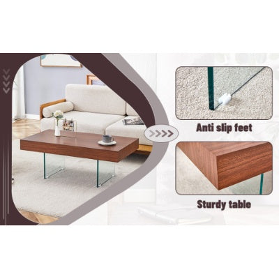 Walnut Colored MDF Coffee Table - 39.3x21.6 With Tempered Glass Legs