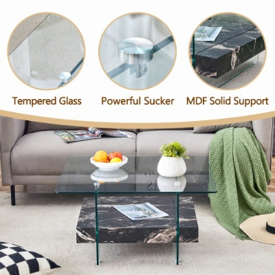 Two Tier Square Coffee Table - Clear Glass And Black Marble Pattern