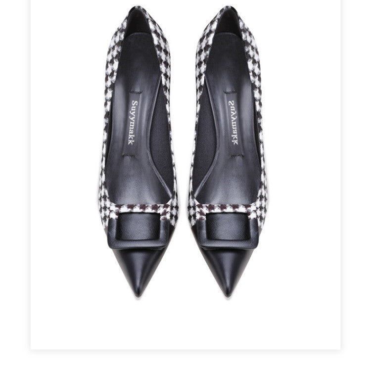 Checkered Thin Heel Pointed Shallow Mouth High Heels