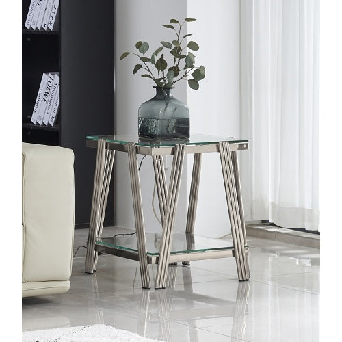Stainless Steel End Table - Double-Layer Clear Tempered Glass - Silver