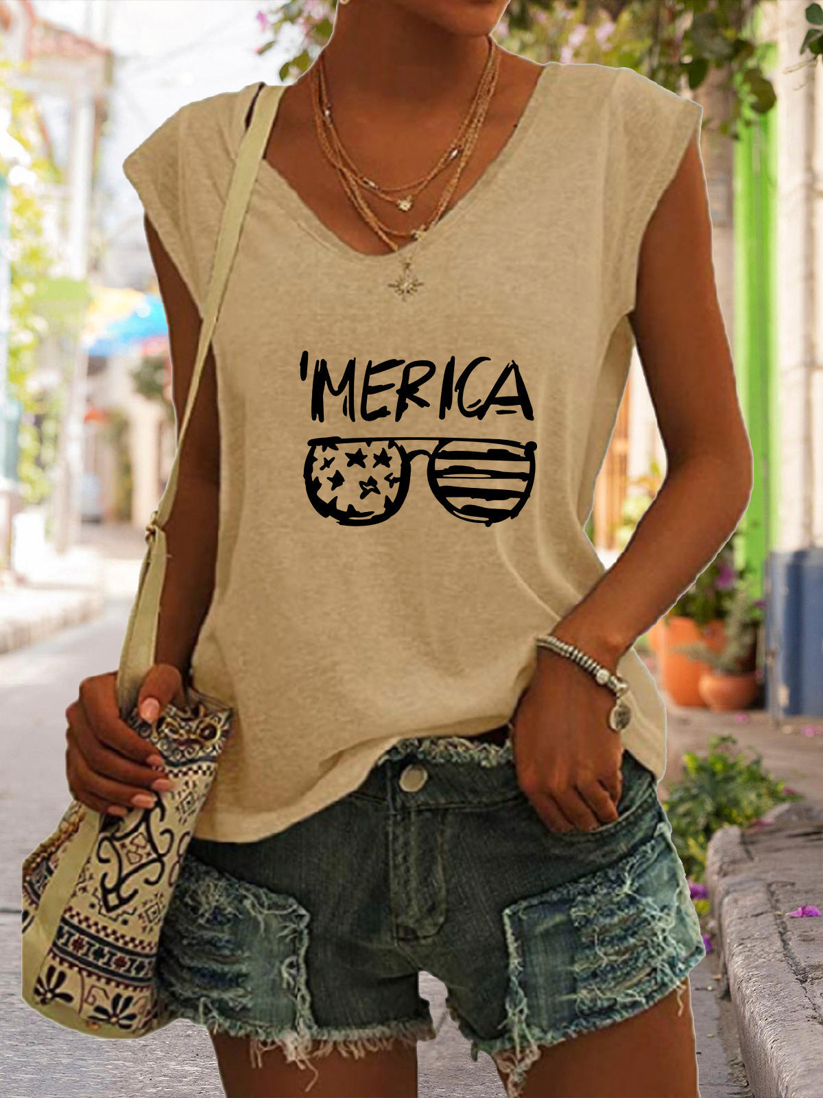 Glasses Flag Letters Sleeveless Tee