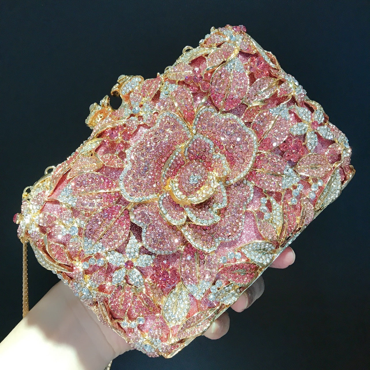 Metal Rose Diamond Chain Clutch