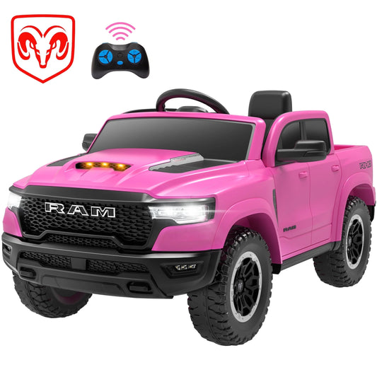 RAM 1500 Ride on Car Toy for Kids, 12V Powered Ride on Truck Toy with Remote Control, 4 Wheel Suspension, Safety Belt, Music, Bluetooth, LED Lights, Electric Cars for 3-5 Yrs Boy Girl, Pink