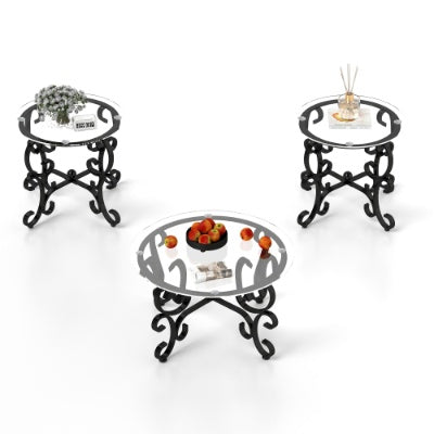 Tempered Glass Surface Coffee Table with Round End Side Tables - 3 Piece Set