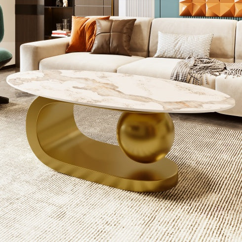 Marble Pattern Centered Stone Coffee Tabletop With Gold Stainless Steel Base