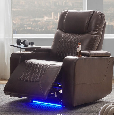 Power Motion Recliner With USB Charging Port And Hidden Arm Storage 2 Convenient Cup Holders Design And 360 Swivel Tray Table - Brown