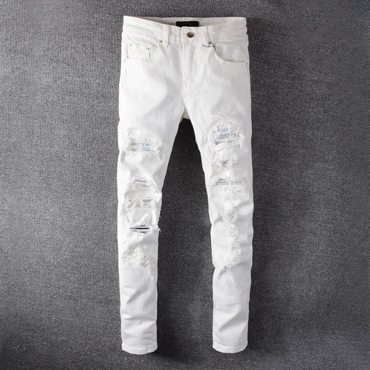 Stretch Hole Studded Patch Jeans