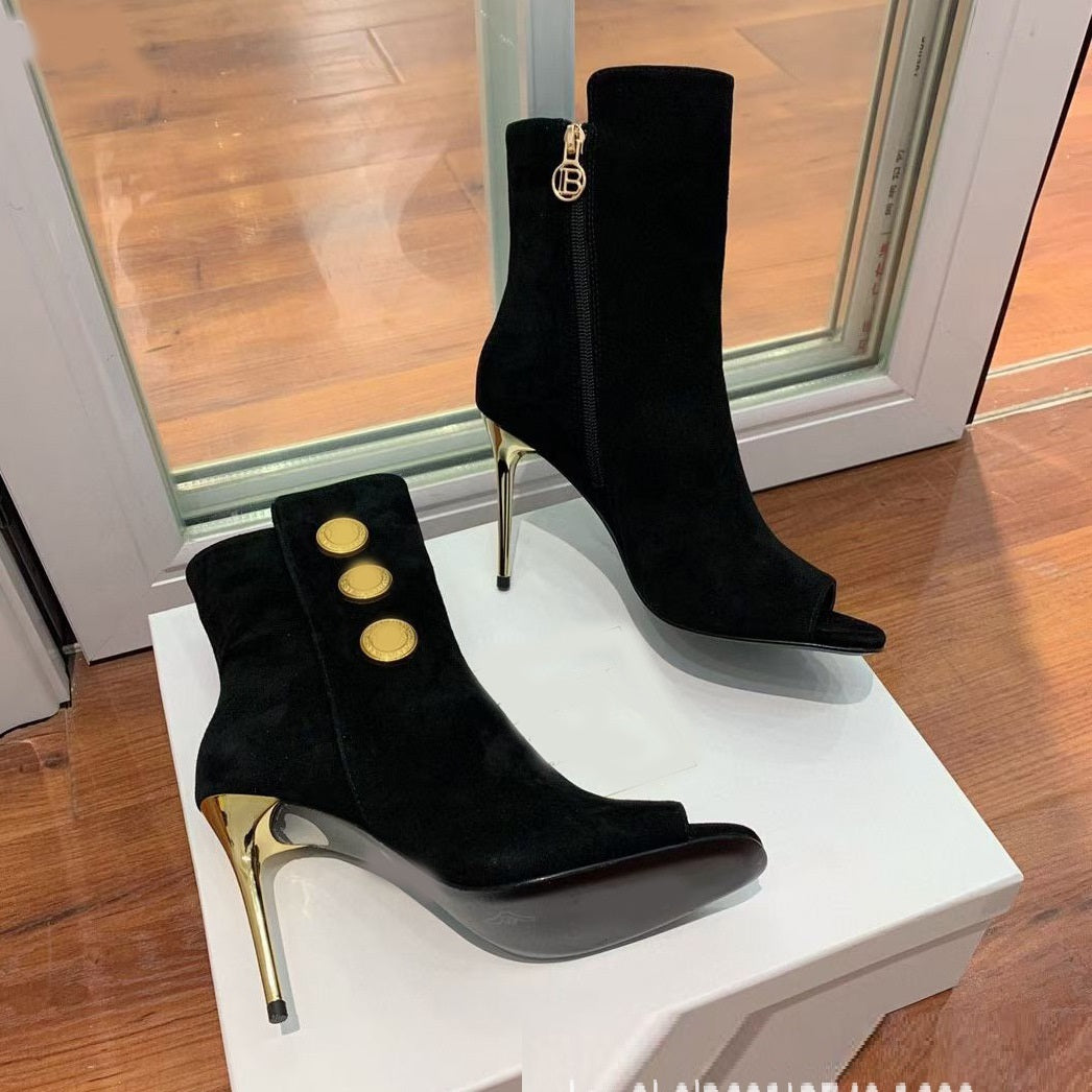 Fish Mouth Metal Round Buckle Ankle Boots