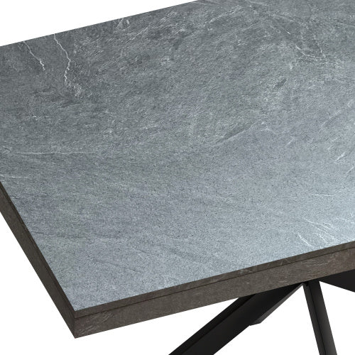 Rectangular Stretch Dining Table - Dark Grey Stone Top and Black Relief Plate - Black Fine Sand Cross Iron Foot Base with Storage Box