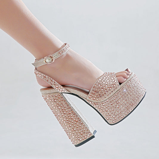 Leather Block Heel Rhinestone Wedge