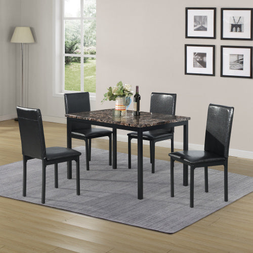 Metal Dining Table And Chair Set With Imitation Marble Top 5-piece Set - Black