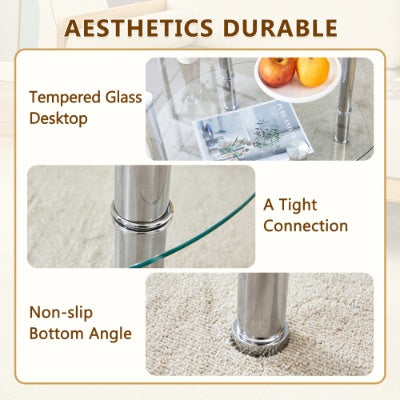 Double Layer Tempered Glass Coffee Table 27.5 Top And 23.6 Bottom with Stainless Steel Silver Plated Legs