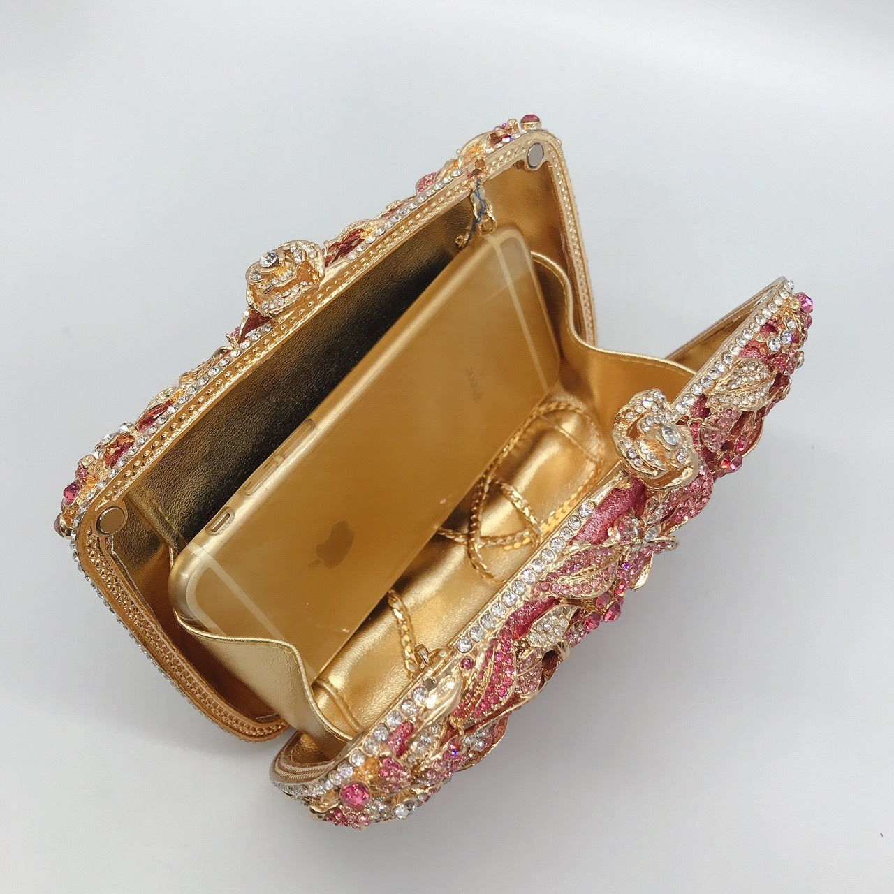 Metal Rose Diamond Chain Clutch