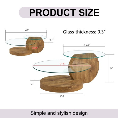 Double-layer Round Glass Coffee Table with Wood MDF Table Legs