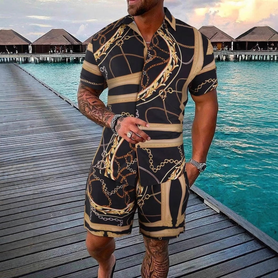 Gold Luxury Chain Digital Print Shirt Shorts Set