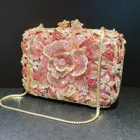 Metal Rose Diamond Chain Clutch