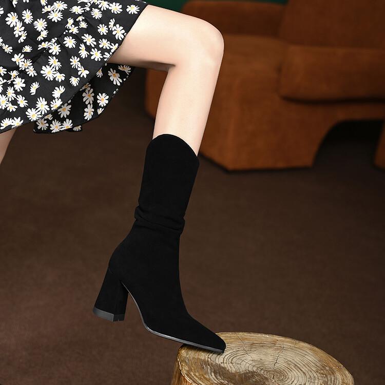 Thick Heel Pointed Toe Nubuck Leather Ankle Boots