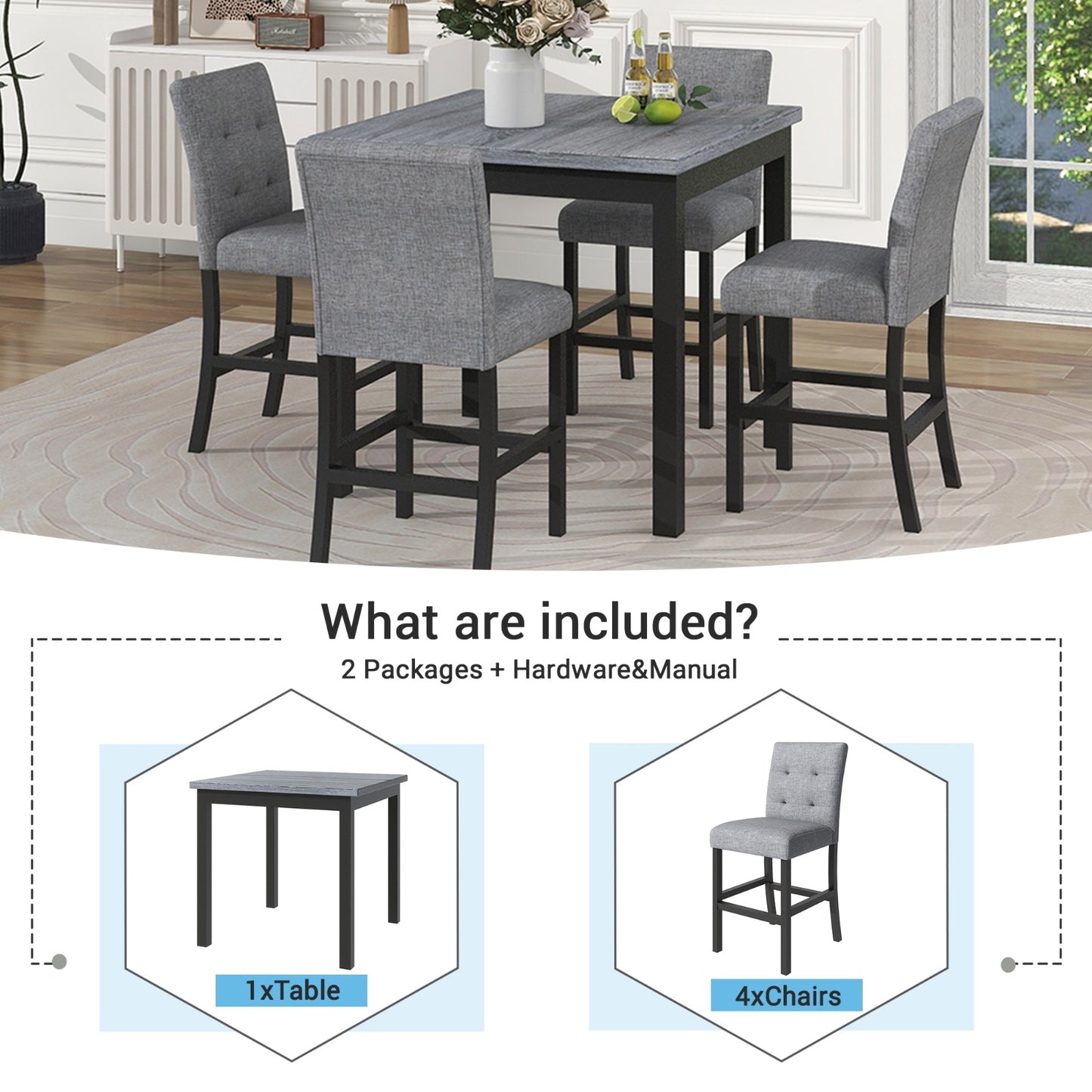 TOPMAX 5-Piece Counter Height Dining Set with Wood Table, Chairs Stools with Footrest