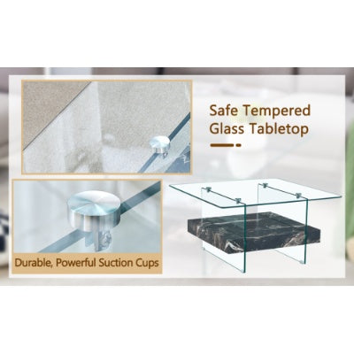 Two Tier Square Coffee Table - Clear Glass And Black Marble Pattern