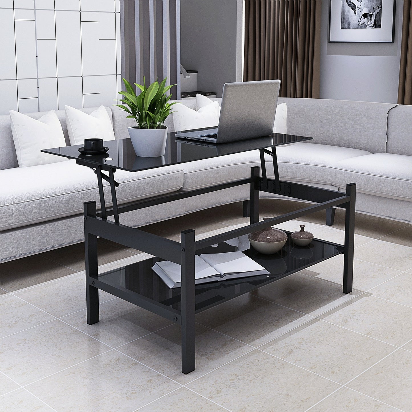 Glass Lift Top Coffee Table - 2-Layer Tempered Glass