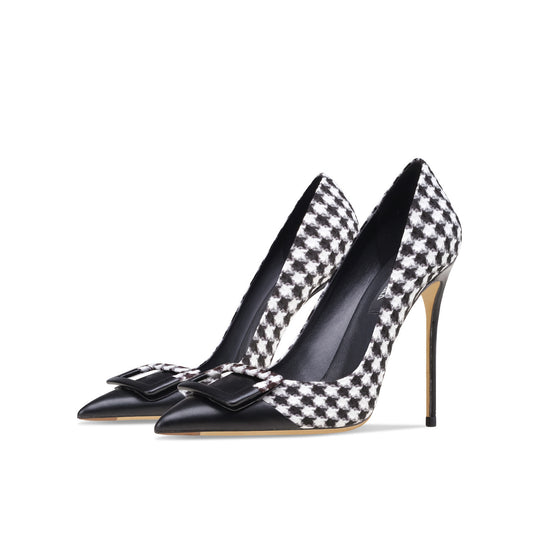Checkered Thin Heel Pointed Shallow Mouth High Heels