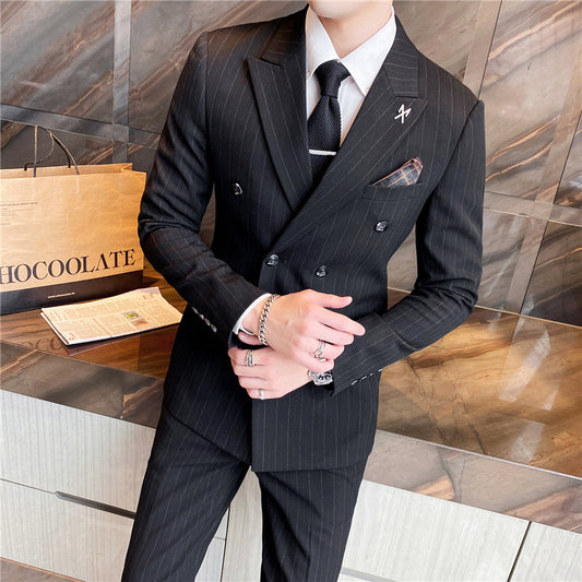 Pinstriped Slim Fit Double Breasted Three-Piece Suit