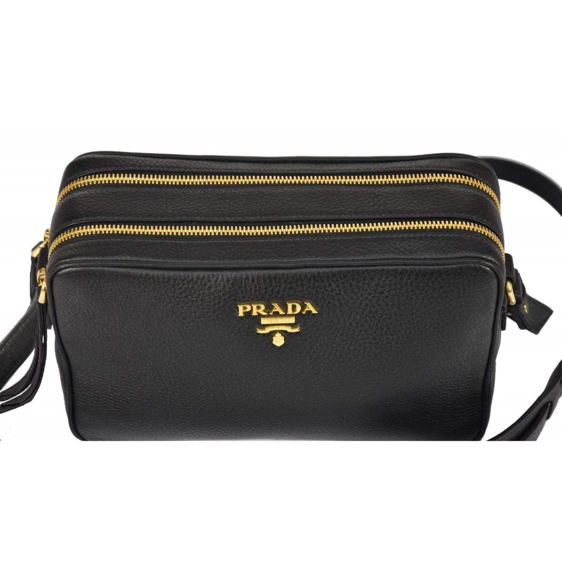 Prada Black Vitello Phenix Leather Double Zip Cross Body Bag 1BH079