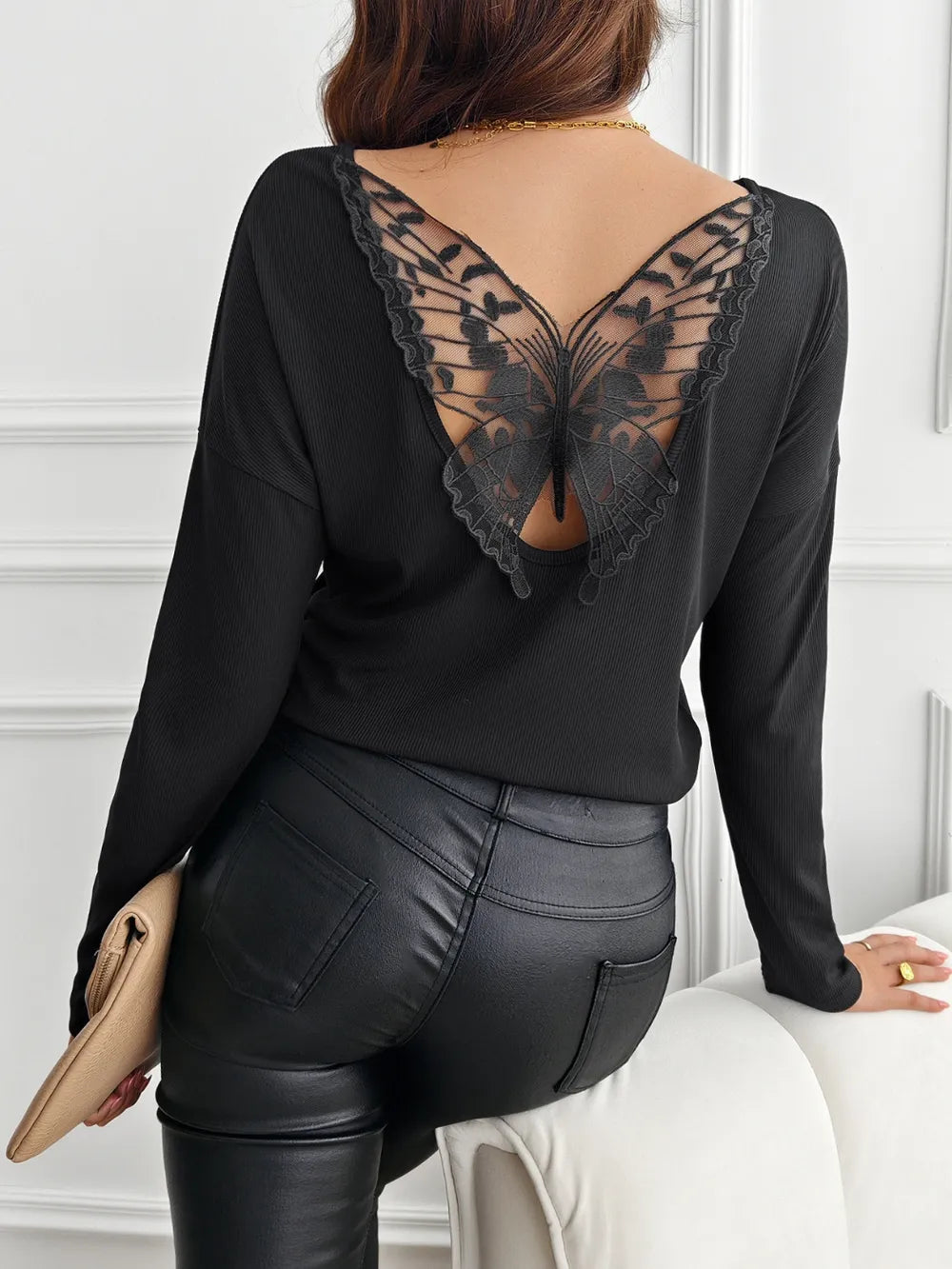 Back Patchwork Butterfly Ribbed Long Sleeved Shirt