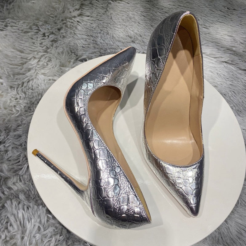 Silver Crocodile-Effect Pointed Toe High Heels