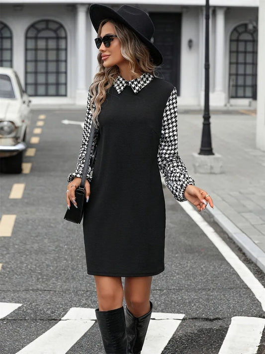 Splicing Collared Long Sleeve Dress