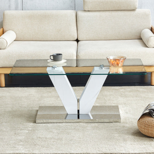 Modern Minimalist Coffee Table - Transparent Tempered Glass Tabletop With Silver MDF Pillars