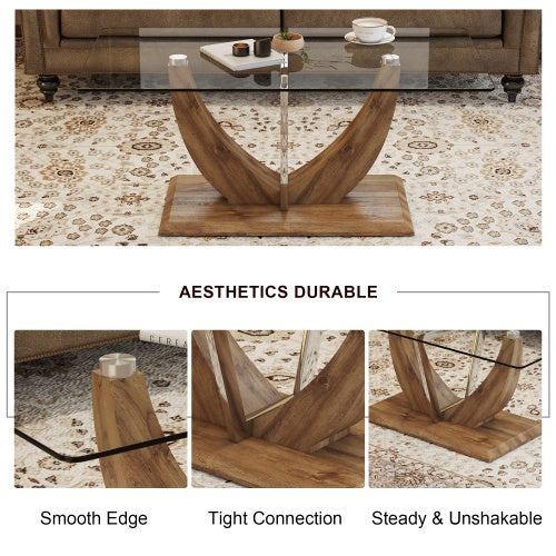 Modern Minimalist Transparent Tempered Glass Coffee Table With Marble Patterned MDF Legs And Stainless Steel Decorative Columns