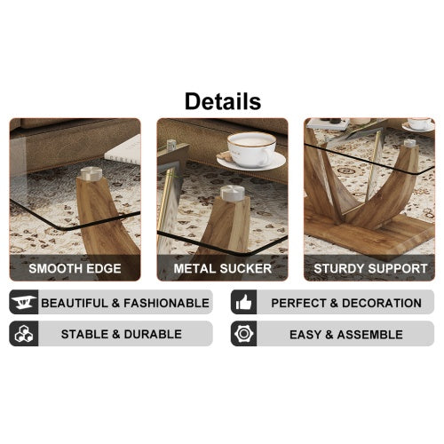 Modern Minimalist Transparent Tempered Glass Coffee Table With Marble Patterned MDF Legs And Stainless Steel Decorative Columns