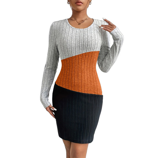 Round Neck Color Contrast Mid Dress