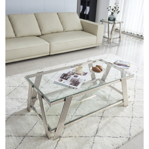 Modern Stainless Steel Coffee Table and End Table Set with Double-Layer Clear Tempered Glass