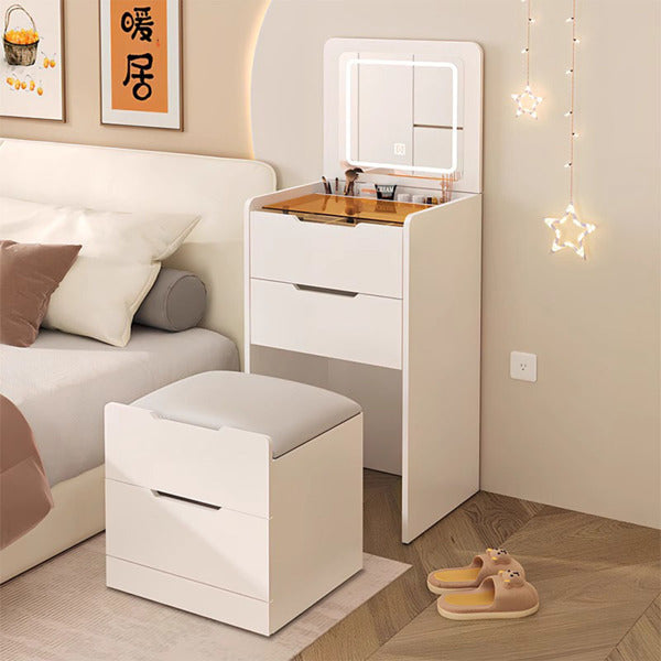 3 In 1 Dressing Table With Flip Mirror And Light - Small Makeup Vanity Set with Viewing Glass Tabletop, 3 Drawers, Storage Stool, 3 Color Lighted Mirror