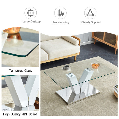 Modern Minimalist Coffee Table - Transparent Tempered Glass Tabletop With Silver MDF Pillars