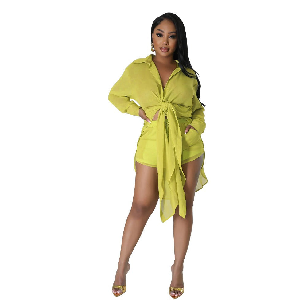 Chiffon Long Shirt Shorts Two Piece Set
