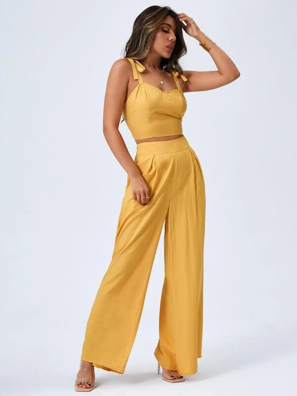 Open Back Suspender Top Wide Leg Casual Pants Two Piece Set