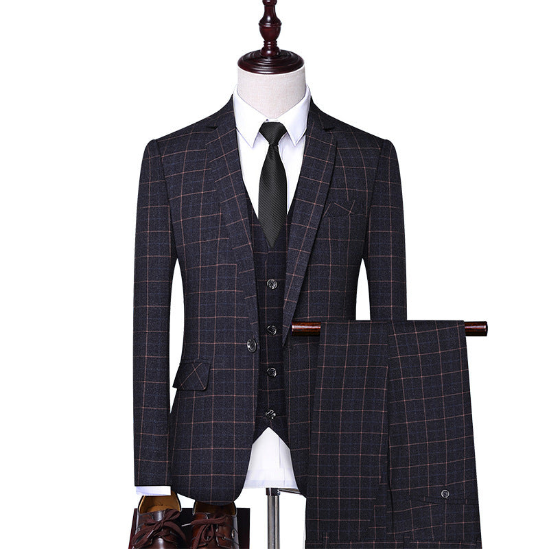 Plaid Single Breast Slim Fit Three-Piece Suit