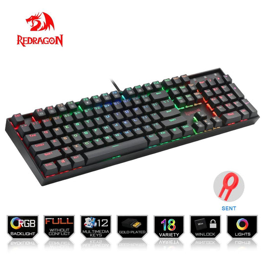Redragon USB Mechanical Ergonomic RGB LED Gaming Wired Keyboard