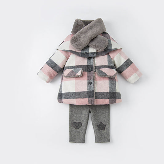 Mid-length Plaid Wool Scarf Jacket 3-Piece Outfit