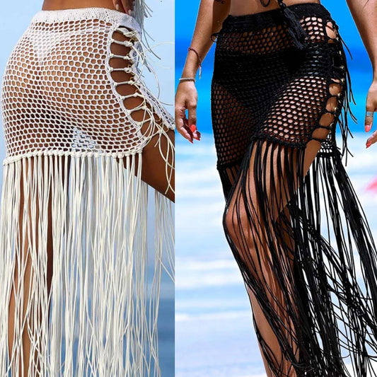 Woven Hip Skirt with Hollowed out Long Tassel Cover Up