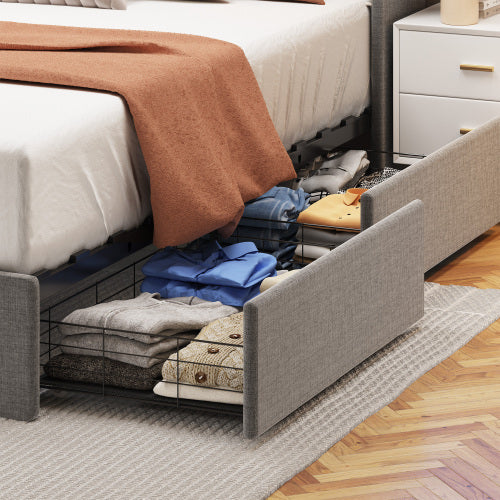 Under-Bed Portable Storage Drawers with Wings Headboard Bed Frame With LED - Full Size - Light Grey
